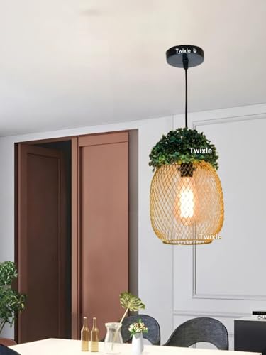 Image of Metal Golden Green Grass Pineapple Shape Hanging Light, Ceiling Light for Home Decor, Pendant Light for Resataurant, Cafe, Balcony, Garden, Kitchens (E27 Bulb Base) (Pineapple) (Without Bulb)