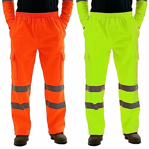 Mens High Visibility Work Cargo Pants Drawstring Casual Pockets Safe Reflective Construction Elastic Waist Trousers2