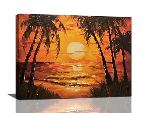 Coastal Palm Tree Wall Art Tropical Beach Sunset Pictures Wall Decor Ocean Seascape Canvas Painting Print Home Modern Artwork Decorations Framed for Bathroom Living Room Bedroom Office 16 x 12 inch