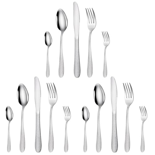 Image of aDai Hammered Sterling Silver Silverware Set | 15-Piece Premium Stainless Steel Flatware Set | Dishwasher Safe Cutlery Set for Home, Restaurant & Gifting