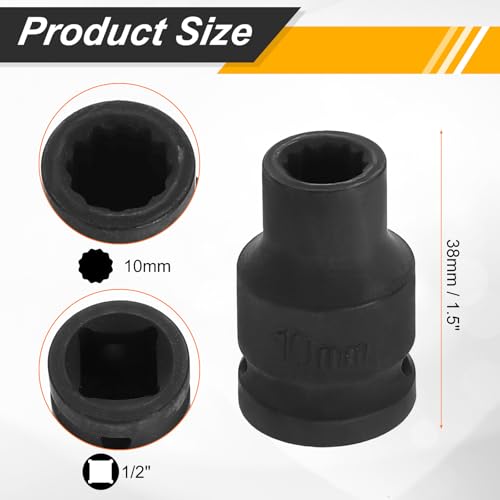 Image of HARFINGTON 2pcs 1 /2 inch Drive x 10mm Shallow Impact Socket 12-Point Metric CR-V Steel Spindle Nut Impact Flip Sleeve for Home Auto Nuts Bolts Repair