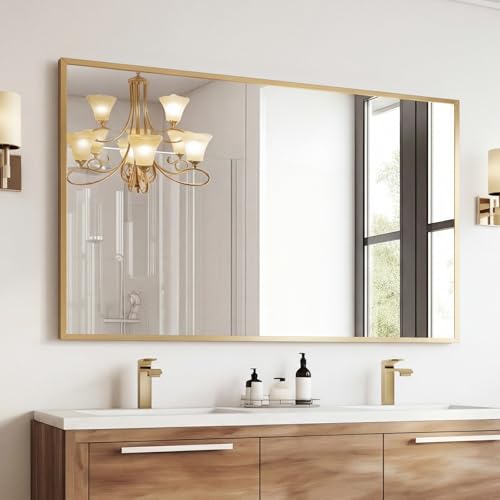 Image of Sweetcrispy Bathroom Mirror for Over Sink, 30 inch x 48 inch Rectangle Wall Mount Mirrors with Metal Frame, Modern Vanity Mirror with Tempered Glass, for Home Decor, Anti-Rust, Gold