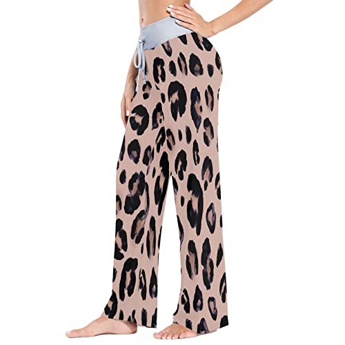 Leopard Print Cheetah Pink Women Pajama Bottoms,Drawstring Long Pajama Pants Casual Wide Leg Comfy Lounge Pant #TOP1