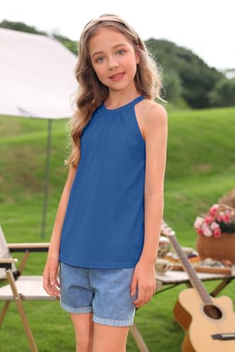 Image of BesserBay Girls Summer Back Button Halter Neck Tank Top Cold Shoulder Casual Blouse Pleated Sleeveless Shirts 5-14 Years