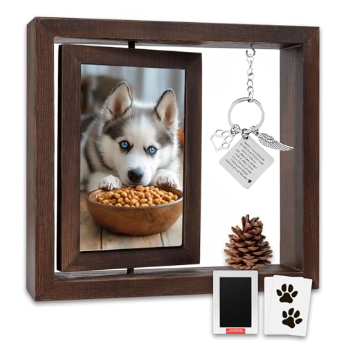 GO2HEJING Pet Memorial Gifts for Dogs Cats, Dog Memorial Rotating Wooden Picture Frame for 4x6 Photo, Dog Bereavement Remembrance Picture Frame With Pet Paw Print Kit, Loss of Dog Sympathy Gift