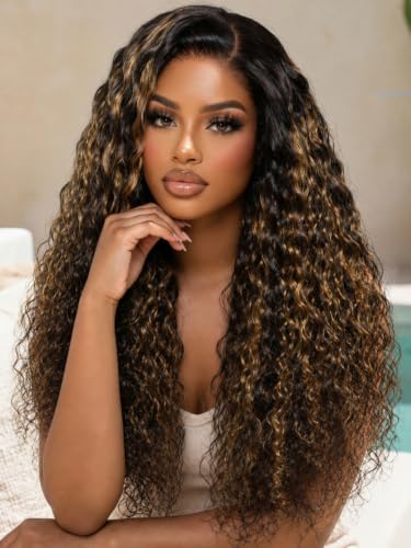 Image of KLAIYI Bye Bye Slip Ombre Highlight Balayage Brown Water Wave Glueless Precut 7x5Lace Front Wigs Human Hair Drawstring Pre Plucked Bleached Knots Dark Roots Curly 3S Ready to Wear and Go Wig 20Inch
