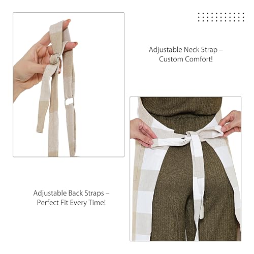 Image of Encasa XO Cotton Cooking kitchen Apron for Women and Men chef apron With adjustable neckstrap, Pocket & Towel Holder for Easy cooking, Baking, BBQ, Gardening- Buffalo Beige Checks, 68x85 cm