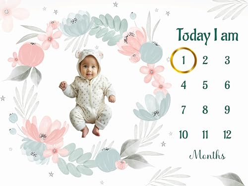 Image of Monthly Milestone Blanket Floral Design | 1-12 Months | Ultra-Soft & Skin-Friendly | Ideal for Newborn Boys & Girls | Perfect Baby Growth Tracker & Photoshoot Prop