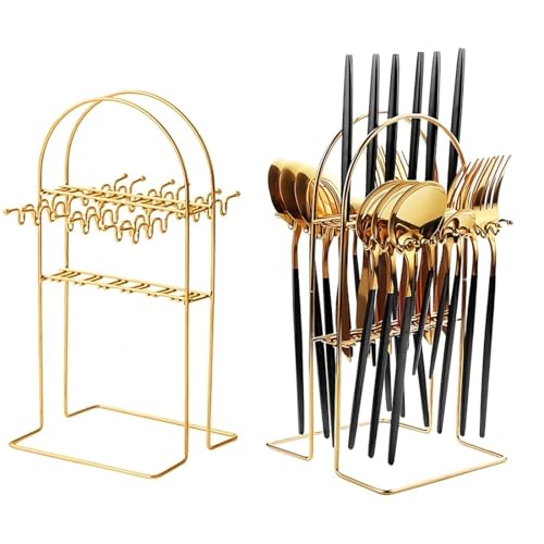 Image of BonZeaL Stainless Steel 24 Pieces Black Gold Cutlery Set with Stand for 6 Person Mirror Finish Flatware Set for Dining Table Hotel Cafe Bar Restaurant Premium House Warming Gifts for New Home Kitchen