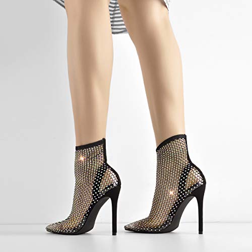 Lishan Women's Fishnet Rhinestone Studded Stiletto Diamante Heels Stockings Sandals Clear Pointed Toe High Heels Pumps Black Size 6.5 #TOP3