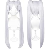 Silber Weiß Lange Doppelschwanz mit Bang Gerade Hitze Resistant Kostüm Haar für Frauen Halloween Cos Anime Party Ersatz Perücken