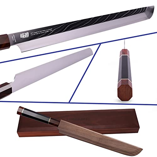 Findking Prestige Series Sakimaru Knife With Walnut Cover, Japanese Skd11 Damascus Steel Blade, Ebony Wood Octagonal Handle, Professional Sashimi Sushi Fish Knife (10.5 Inches, With Wooden Gift Box) #TOP1