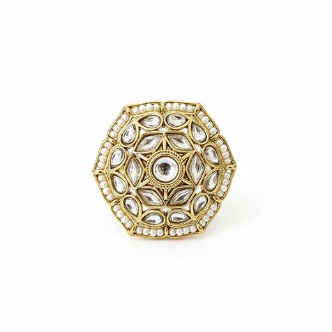 Gold Tone Kundan Ring, Hexagonal Design, Traditional Indian Jewellery, Statement Cocktail Ring-image-13