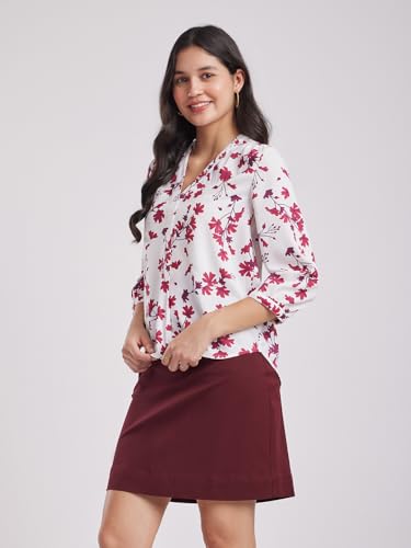 Image of FableStreet Women Formal & Casual Top | V-Neckline with Gathered Back Detail & Three-Quarter Sleeves | Premium Satin Fabric for Office Wear & Sophisticated Outings
