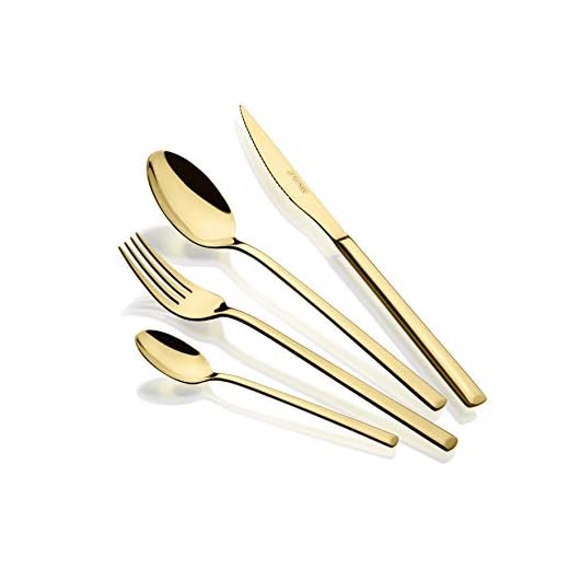 Monix Verona Gold - Set de cubiertos de 24 piezas, acero inoxidable 18/10, diseño vanguardista y moderno,acabado pulido brillante dorado, espesor 3 mm (6 comensales)