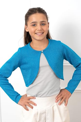 Image of BOLEROSE Girls Sparkle Long Sleeve Bolero | Open Front, Heart Diamante Button, Glitter Thread, Cropped Length, Ribbed Cuffs, Won't Shed or Flake, Ages 3-14