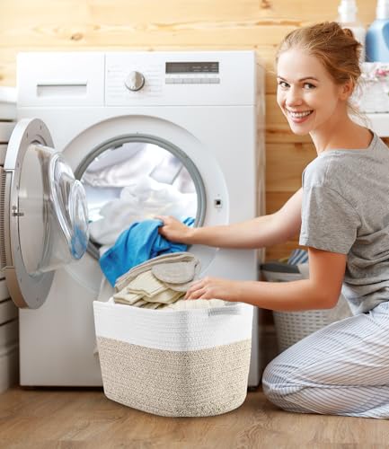 Aufbewahrungskorb Geflochten,Korb Aufbewahrung,Storage Basket,Aufbewahrungs korb aus Baumwollseil,Baumwolle Korb Handtuch und Wäschekorb Geflochten für das Bad,33x25x23 cm,Jute & Weiß