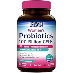 Innate Vitality Probiotics for Women, 100 Billion CFUs 18 Strains, Prebiotics and Probiotics, with Cranberry, Vitamin C & B6 P5P, Vaginal & Digestive Health, Non refrigerated, 60 Caps