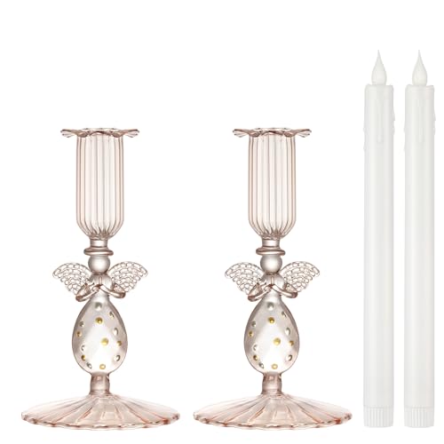 Image of Flameless Taper Candle with Vintage Glass Candle Holder, Set of 2, Wedding Dating Party Table Decor Centerpiece, Angel Shaped, Rose Gold