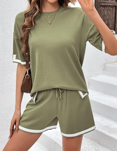 Image of Ekouaer Womens Knit Lounge Set 2 Piece Sweater Sets Short Sleeve Sweatsuit Pullover Tops