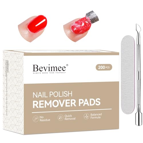 Bevimee Nail Polish Remover Pads: 200 Pack Acetone Gel Polish Fingernail Polish Remover Wet Wipes Individually Wrapped Travel Bulk Set with Tools for Home Professional Salon Supplies