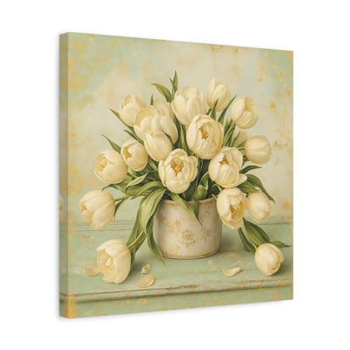 Tableau de tulipes blanches et or pour habiller un mur vide au-dessus du canapé de salon