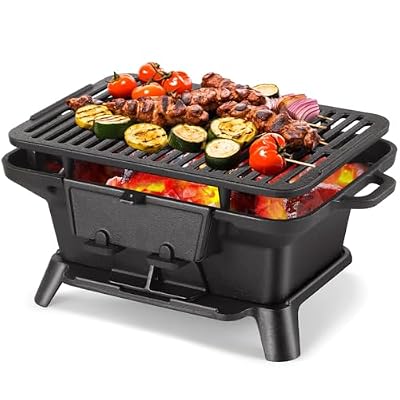 Hibachi Grill Outdoor, Portable Mini Charcoal Grill, 100% Pre-Seasoned Cast Iron, Small Japanese Yakitori Tabletop Skillet Grill Stovo for Camping, Outdoor