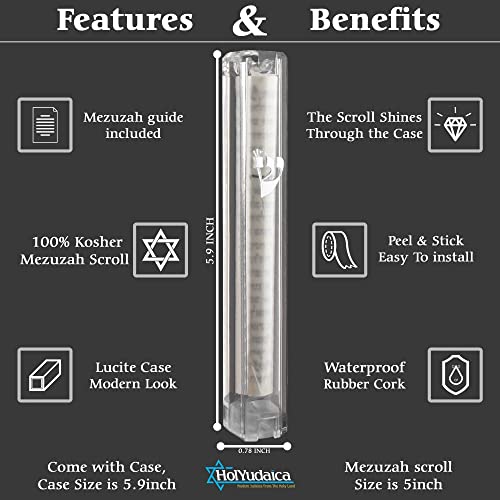 HolYudaica 100% Kosher Mezuzah Scroll (Scroll size 4/5/6inch) with Lucite Mezuzah Case Included, Single Mezuzah, Made In Israel, Mezuzah with Scroll for Door (5inch Scroll + 6inch Case)