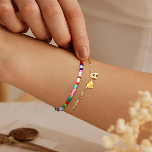 M MOOHAM Initial Bracelets for Women - 14K Gold Plated Dainty Heart Letter A-Z Bracelet Colorful Beaded Initial Bracelet Layered Bracelets Jewelry Gifts for Women Lover Bridesmaids Friends3