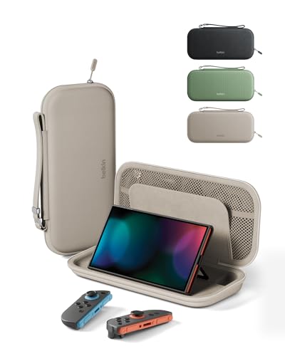 Belkin Carrying Case for Nintendo Switch 2, Travel Bag w/AirTag Holder & Game Card Storage Pocket Portable Lightweight Protective Carrying Case w/Hard Shell, Gaming Essentials - Sand