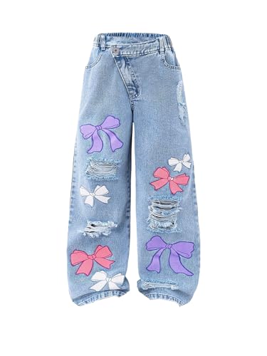 WDIRARA Girl's Cute Bow Print Ripped Jeans Elastic Waist Wide Leg Baggy Demin Pants