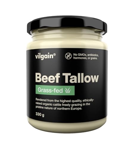 Vilgain Grass Fed Rindertalg Beef Tallow hoher Rauchpunkt bis 250C ideal zum Braten Rösten & Backen aus estnischem Rindfleisch 99 9% Fett ohne Zusätze für Küche & Heimkosmetik 330g