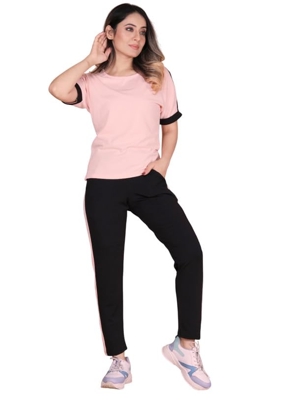 Image of DTR FASHION Polyester Blend Shoulder Stripes Tracksuit | Night Wear Suit For Women
