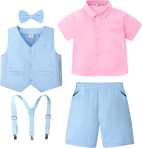 Image of A&J DESIGN Toddler Easter Outfit Boy Wedding Pink Summer Formal Gentleman Dress Suit Shorts Set Suspender with Vest and Bow Tie Blue 12-18 Months