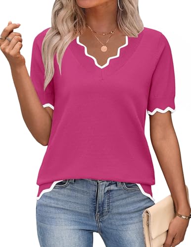 Zeagoo Womens Tops Trendy V Neck Short Sleeve Sweater Pink Blouses Lightweight Knit Sweaters for Women