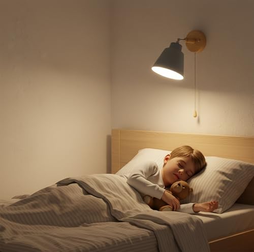 Lampada Da Parete Con Interruttore A Fune Rotazione Libera Di 350° Lampada Da Comodino Macaron Vintage Moderna E27 Lampada Da Parete In Legno Adatto Per Soggiorno E Camera Da Letto(Cenere) - Illuminazione - Immagine 2