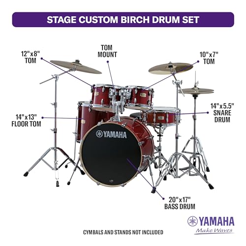 Image of Yamaha Stage Custom Birch 5pc Drum Shell Pack With a 20 inch Kick Drum and 14 inch Snare Drum in Cranberry Red For Students and Working Drummers (SBP0F50CR)