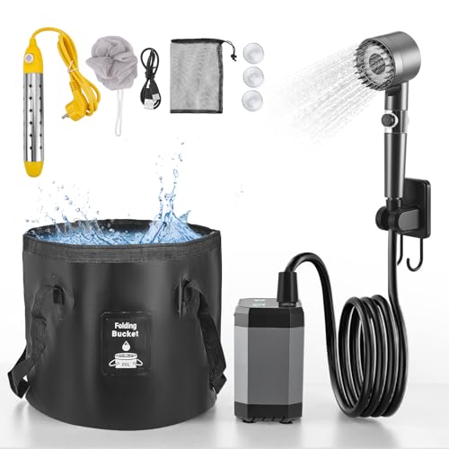 Douche de camping portable avec pompe - Mise en situation et vue d'ensemble du dispositif