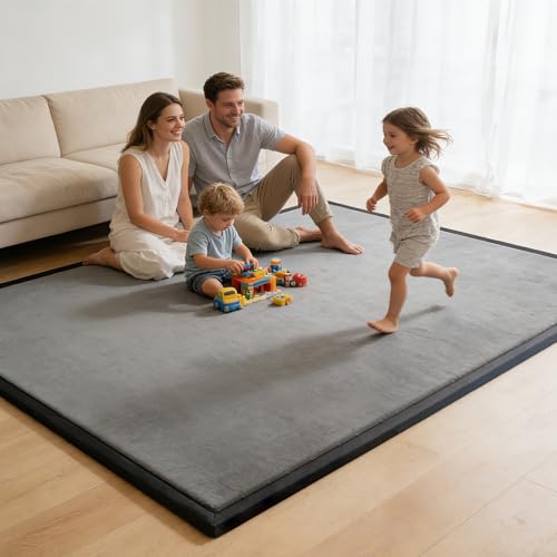 Image of Baby Play Mat for Floor, 1.3 Inch Thick Memory Foam Tummy Time Mat with Non Slip Backing, Soft Coral Velvet 59X79 Inch Playpen Mat Crawling Tatami for Infants Toddlers Kids, Dark Gray