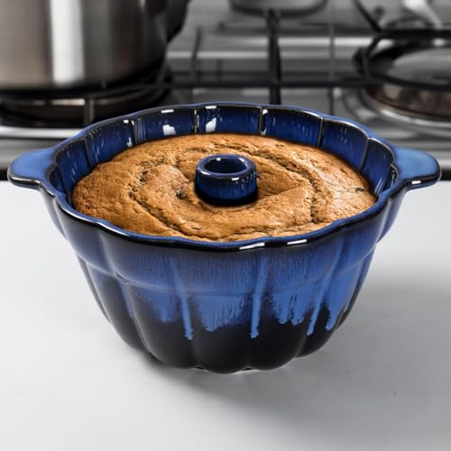 Image of Emeril Lagasse Fluted Cake Pan Stoneware 9.5 in - Pound Cake Baking Pan, Perfect for Baking Delicious Cakes! (Dark Blue)