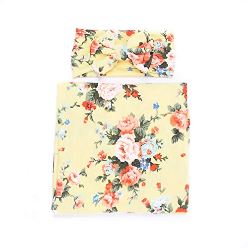 Newborn Receiving Blanket Headband Set Flower Print Baby Swaddle Receiving Blankets Galabloomer