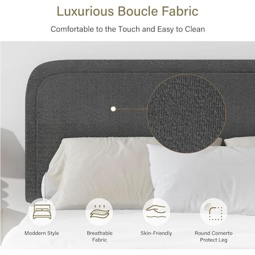 Image of BarnFurin Full Bed Frame, Cloud Boucle Headboard, Rounded Corners, Grey | Soft boucle and rounded edges create a low-profile cloud look. Wooden slats support the mattress without a box spring