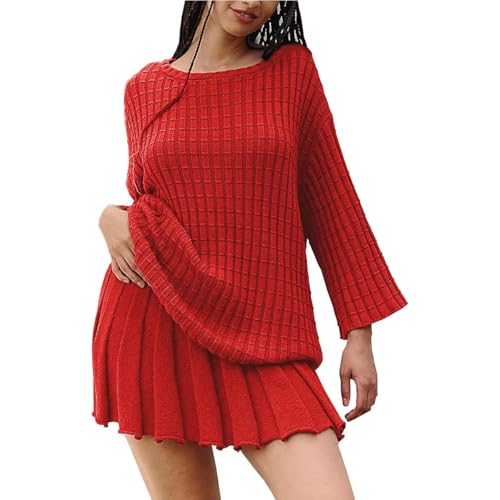 Image of Sweater Set Two Piece Skirt Sets for Women Long Sleeve Two Piece Outfits Loose Knit Pullover Mini Skirt
