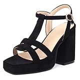 Gicoiz Femme Classique Spartiates Plateforme Sandals Strappy Confort Chunky Talons Hauts Suède Romain Bout Ouvert Sandale de Été T Bar Noir Taille 38 EU 39Cn