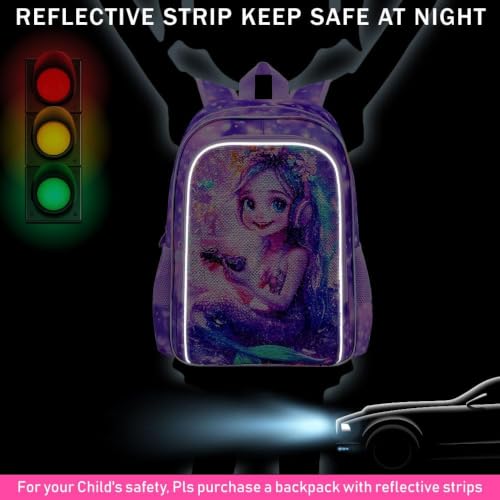 Image of CCJPX 3Pcs Mermaid Backpack for Girls, 16 inch Kids Sequin Bookbag with Lunch Box, Cute Water Resistant Schoolbag for Preschool Kindergarten Toddler(Purple)