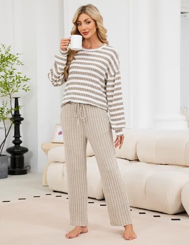 Image of Blooming Jelly Women Ribbed Long Sleeve Pajama Sets Fall Loungewear Pockets