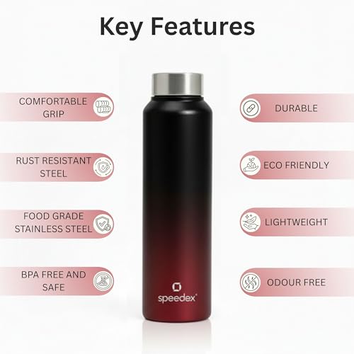 Image of Speedex Stainless Steel Water Bottle 1 Ltr, Leak Proof Screw Cap, BIS Approved 1000 ml Metal Bottle For Daily, Office, School, Gym, Travel Use for Men, Women, Kids, Adults, Black Wine, Set of 1