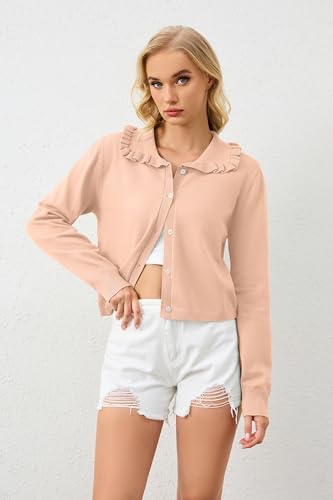 Image of HOCANDY Women Ruffle Collar Cardigan Sweater Preppy Cute Button Up Sweaters