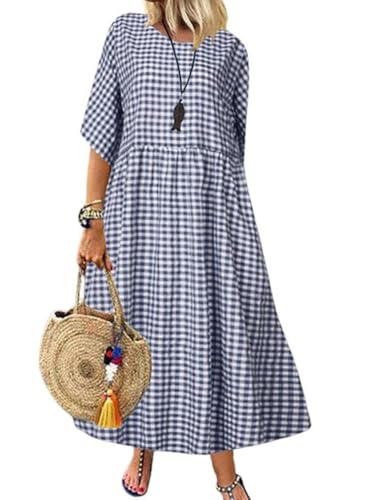 Image of chouyatou Women's Casual Plaid Short Sleeve Beach Dress Crewneck Gingham Swing Flowy Midi Long Tunic Dress