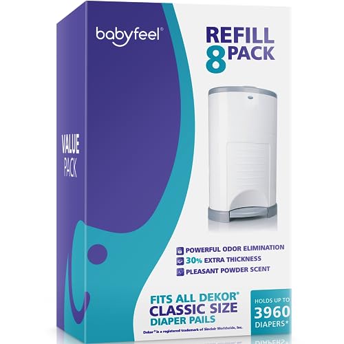 Image of Babyfeel Refills Compatible with DEKOR CLASSIC Diaper Pails | 8 Pack | Exclusive 30% Extra Thickness | Diaper Pail Refills with Powerful Odor Elimination | Powder Scent | Holds up to 3960 Diapers